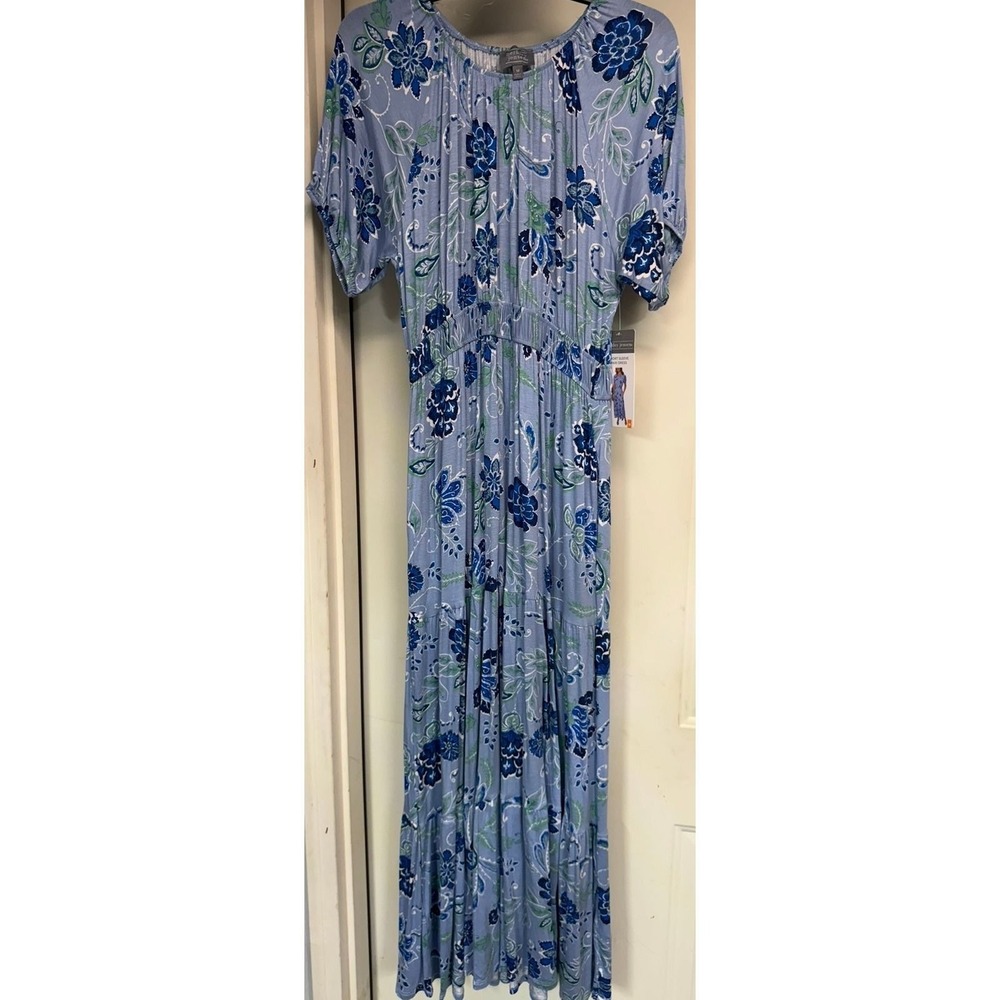 Berkley Jensen Womens Blue Floral Short Sleeve Tiered Maxi Dress Size M NWT 0572